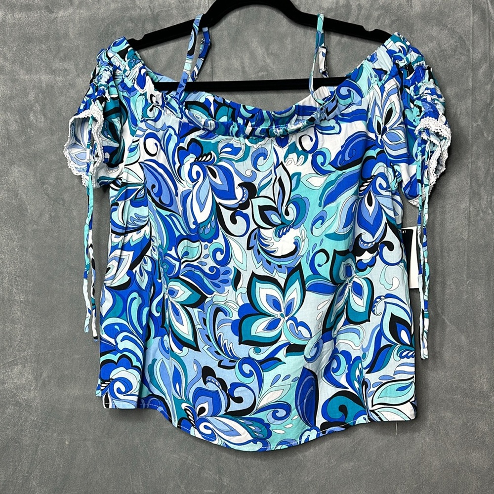 (L:NWT) $39|BCX Juniors Off-the-Shoulder Drawstring, Blue Print